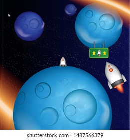 Space stars and white spaceship, illustration of outer space