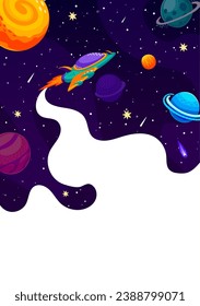 Space starship in starry galaxy, spaceship rocket flying to planet moon, vector poster. Cartoon outer space with rocket shuttle in spaceflight to galaxy exploration or galactic adventure in cosmic sky