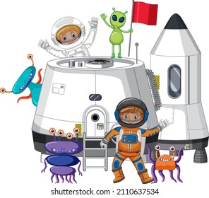 Space station with astronaut and alien illustration