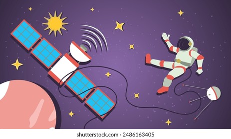 a space station and an astronaut on the background of a planet, a flat illustration of childrens doodles