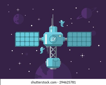 Space Station With Astronauts In Outer Space Concept Vector Illustration In Flat Style.