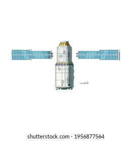 Space station block and photovoltaic arrays cartoon isolated vector illustration