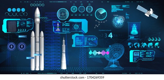 Space Station Command Center. Spacecraft launch in HUD style. Cockpit interface with 3D models rockets and elements (Radars,  Spaceships, Antenna, Satellite and HUD interface) Sky-fi dashboard. Vector