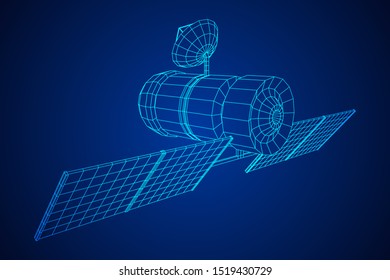 Space station communications satellite. Wireframe low poly mesh vector illustration.