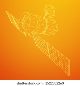 Space station communications satellite. Wireframe low poly mesh vector illustration.