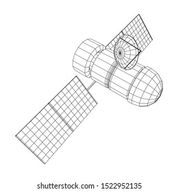 Space station communications satellite. Wireframe low poly mesh vector illustration.