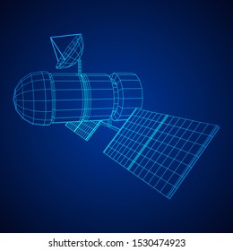 Space station communications satellite. Wireframe low poly mesh vector illustration.