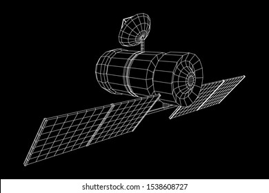 Space station communications satellite. Wireframe low poly mesh vector illustration.