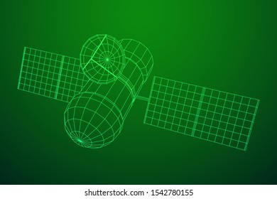 Space station communications satellite. Wireframe low poly mesh vector illustration.