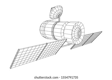 Space station communications satellite. Wireframe low poly mesh vector illustration.