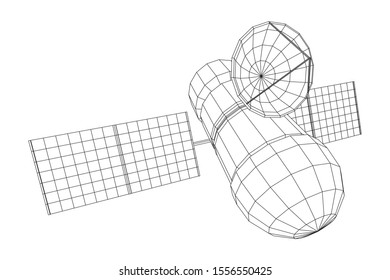 Space station communications satellite. Wireframe low poly mesh vector illustration.