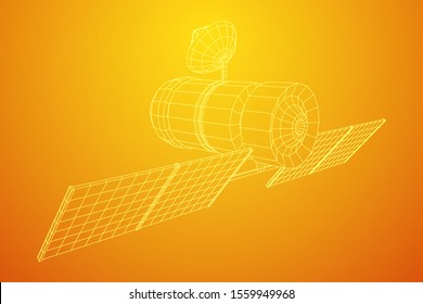 Space station communications satellite. Wireframe low poly mesh vector illustration.