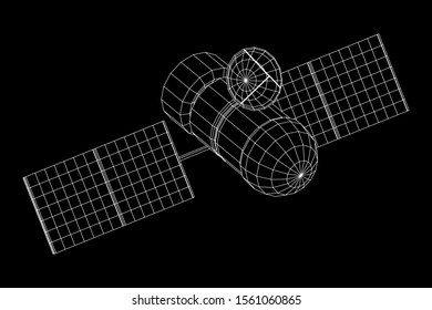 Space station communications satellite. Wireframe low poly mesh vector illustration.