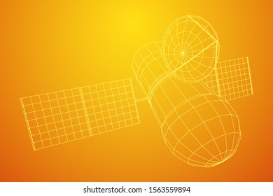 Space station communications satellite. Wireframe low poly mesh vector illustration.