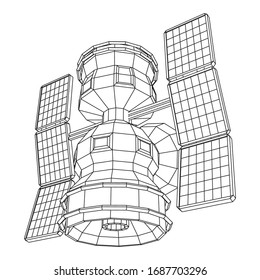 Space station communications satellite. Wireframe low poly mesh vector illustration.