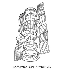 Space station communications satellite. Wireframe low poly mesh vector illustration.