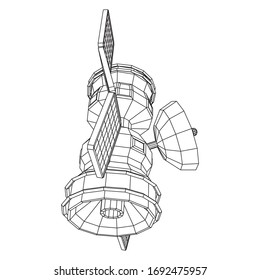 Space station communications satellite. Wireframe low poly mesh vector illustration.