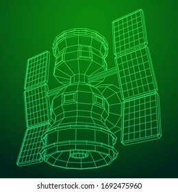 Satélite de comunicaciones de la estación espacial. Ilustración vectorial de malla baja del bastidor de alambres.