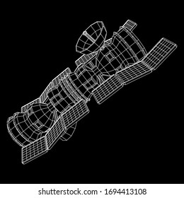 Space station communications satellite. Wireframe low poly mesh vector illustration.