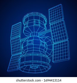 Space station communications satellite. Wireframe low poly mesh vector illustration.