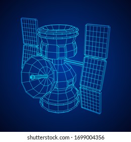 Space station communications satellite. Wireframe low poly mesh vector illustration.