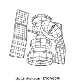 Space station communications satellite. Wireframe low poly mesh vector illustration.