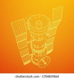 Space station communications satellite. Wireframe low poly mesh vector illustration.