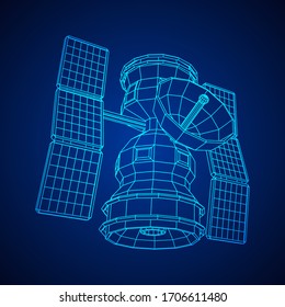 Space station communications satellite. Wireframe low poly mesh vector illustration.