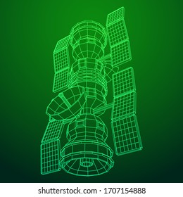 Space station communications satellite. Wireframe low poly mesh vector illustration.