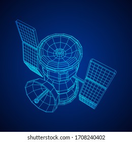 Space station communications satellite. Wireframe low poly mesh vector illustration.
