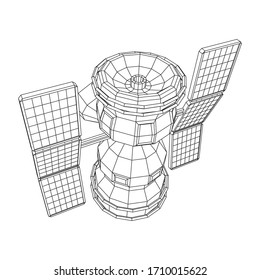 Space station communications satellite. Wire-frame low poly mesh vector illustration.