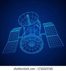 Satélite de comunicaciones de la estación espacial. Ilustración vectorial de malla baja del bastidor de alambres.