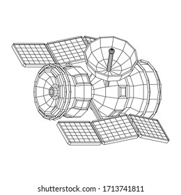 Space station communications satellite. Wireframe low poly mesh vector illustration.