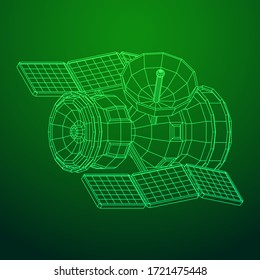 Satélite de comunicaciones de la estación espacial. Ilustración vectorial de malla baja del bastidor de alambres.