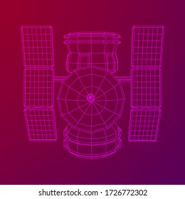 Space station communications satellite. Wireframe low poly mesh vector illustration.