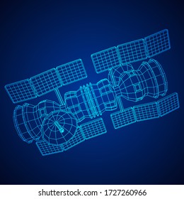 Space station communications satellite. Wireframe low poly mesh vector illustration.