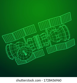 Space station communications satellite. Wireframe low poly mesh vector illustration.