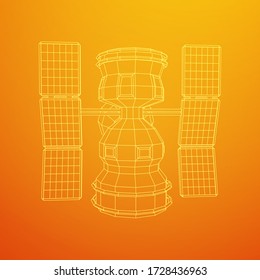 Space station communications satellite. Wireframe low poly mesh vector illustration.