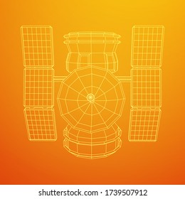 Space station communications satellite. Wireframe low poly mesh vector illustration.
