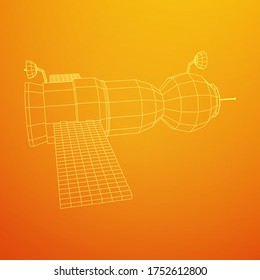 Space station communications satellite. Wireframe low poly mesh vector illustration.