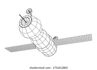 Space station communications satellite. Wireframe low poly mesh vector illustration.
