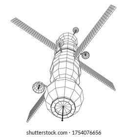 Space station communications satellite. Wireframe low poly mesh vector illustration.