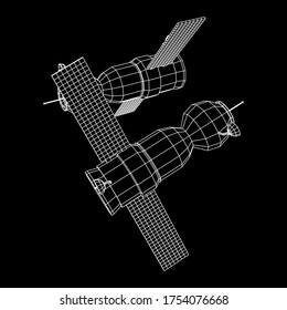 Space station communications satellite. Wireframe low poly mesh vector illustration.