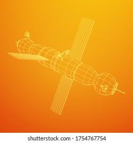 Space station communications satellite. Wireframe low poly mesh vector illustration.