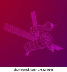 Space station communications satellite. Wireframe low poly mesh vector illustration.