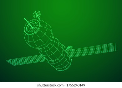 Space station communications satellite. Wireframe low poly mesh vector illustration.
