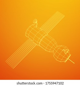 Satélite de comunicaciones de la estación espacial. Ilustración vectorial de malla baja de malla de malla de alambre.