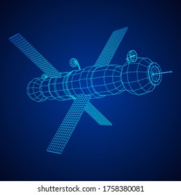 Satellit der Raumstation-Kommunikation. Wireframe Low-Poly-Mesh, Vektorgrafik.
