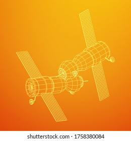 Space station communications satellite. Wireframe low poly mesh vector illustration.