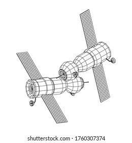 Satélite de comunicaciones de la estación espacial. Ilustración vectorial de malla baja de malla de malla de alambre.